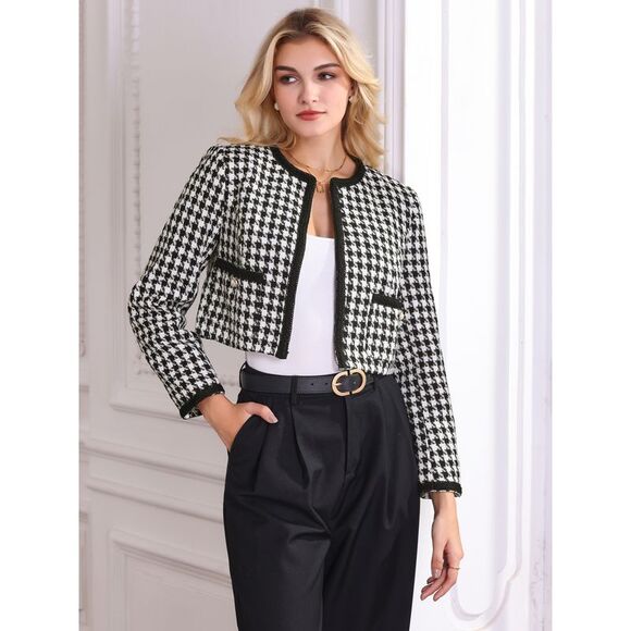 Houndstooth Blazer Collarless Crop Plaid Tweed Jacket Black White - Picture 2 of 7